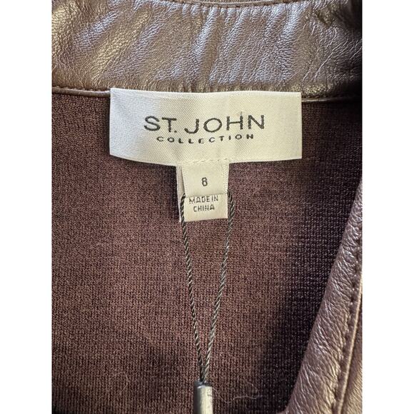 NWT $1495 St John Collection Brown Size 8 Wool Blend Leather Silk Jacket - Picture 3 of 8